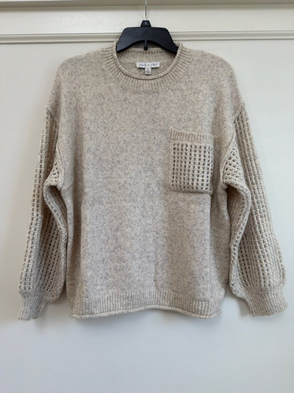 She + Sky Oatmeal Crew Neck Sweater Waffle Knit Balloon Sleeve Pocket S M L NWT